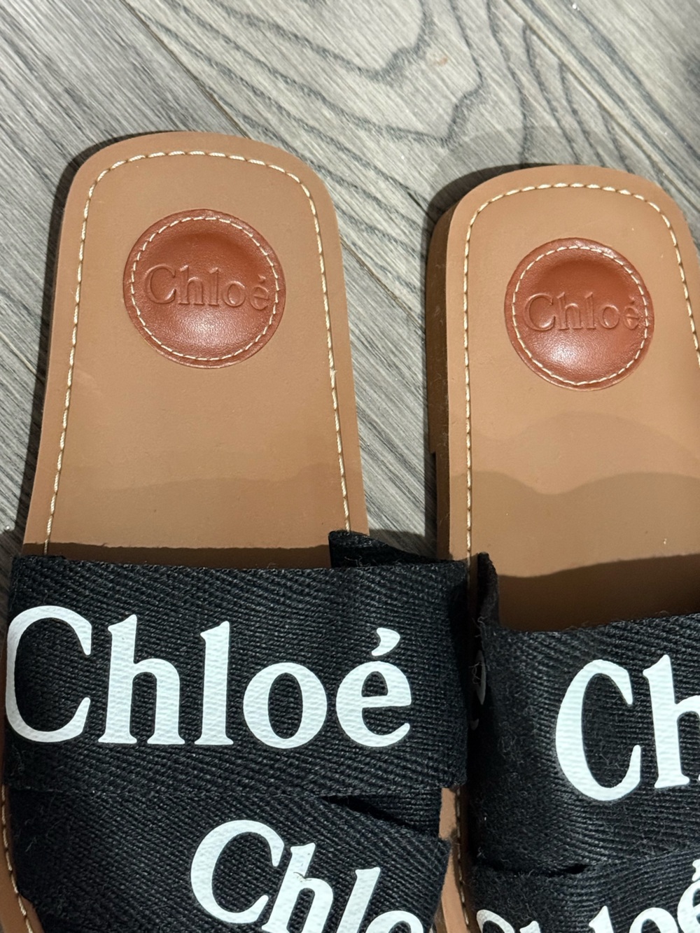 Chloé Black Logo Ribbon Slide Sandals with Tan Footbed - Picture 5 of 7